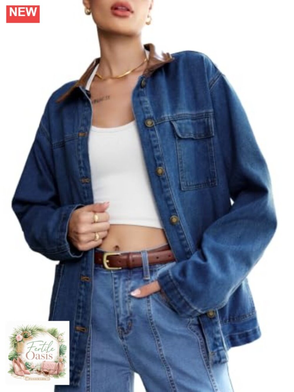 Women's Trendy Denim Jacket with Leather Collar Button Down Long Sleeve